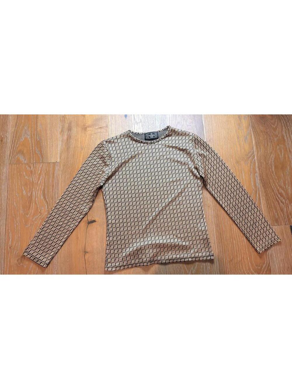 Fendi Beige Brown Monogram Long 100% Cotton Sleeve Top Luxury Italian Designer
